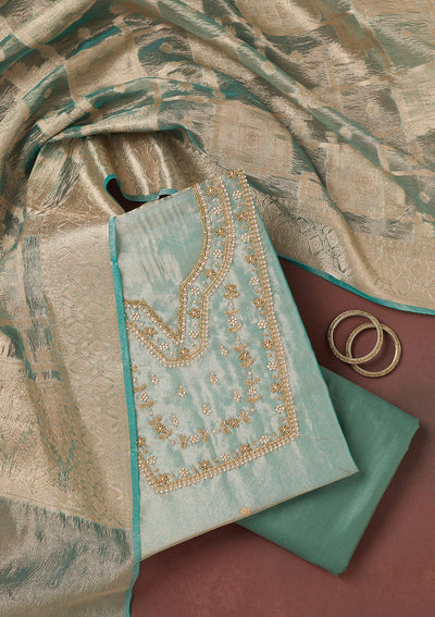 Sea Green Zardozi (Gold) Tissue Unstitched Salwar Suit-koskii