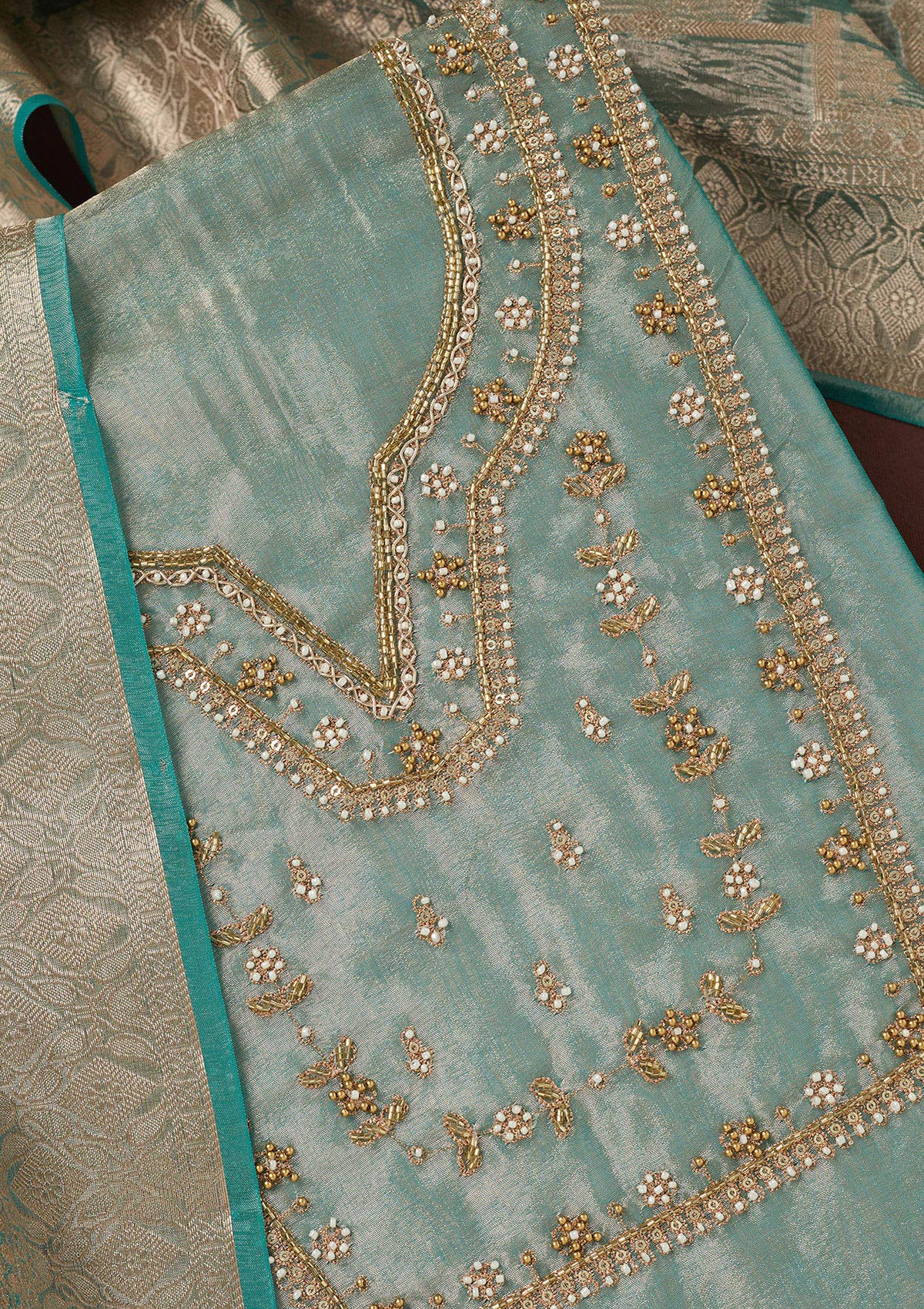 Sea Green Zardozi (Gold) Tissue Unstitched Salwar Suit-koskii
