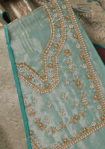 Sea Green Zardozi (Gold) Tissue Unstitched Salwar Suit-koskii