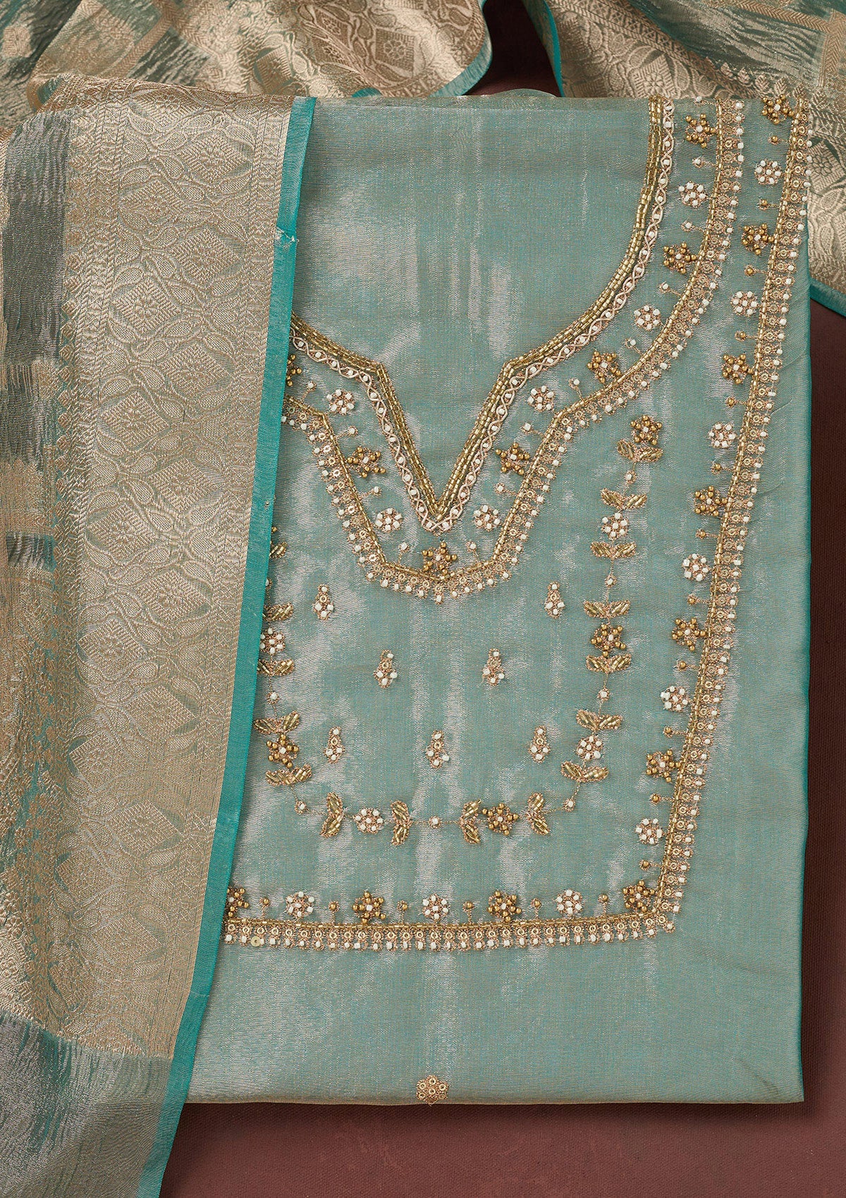 Sea Green Zardozi (Gold) Tissue Unstitched Salwar Suit-koskii