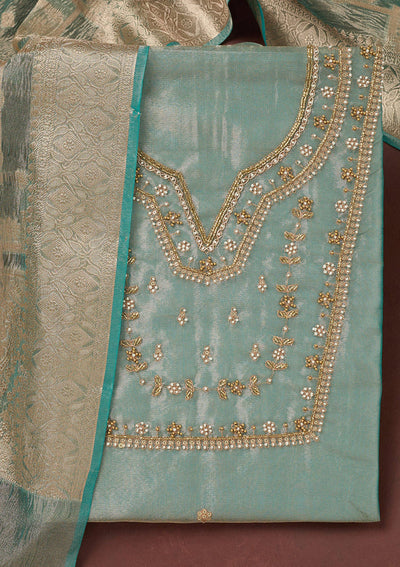 Sea Green Zardozi (Gold) Tissue Unstitched Salwar Suit-koskii