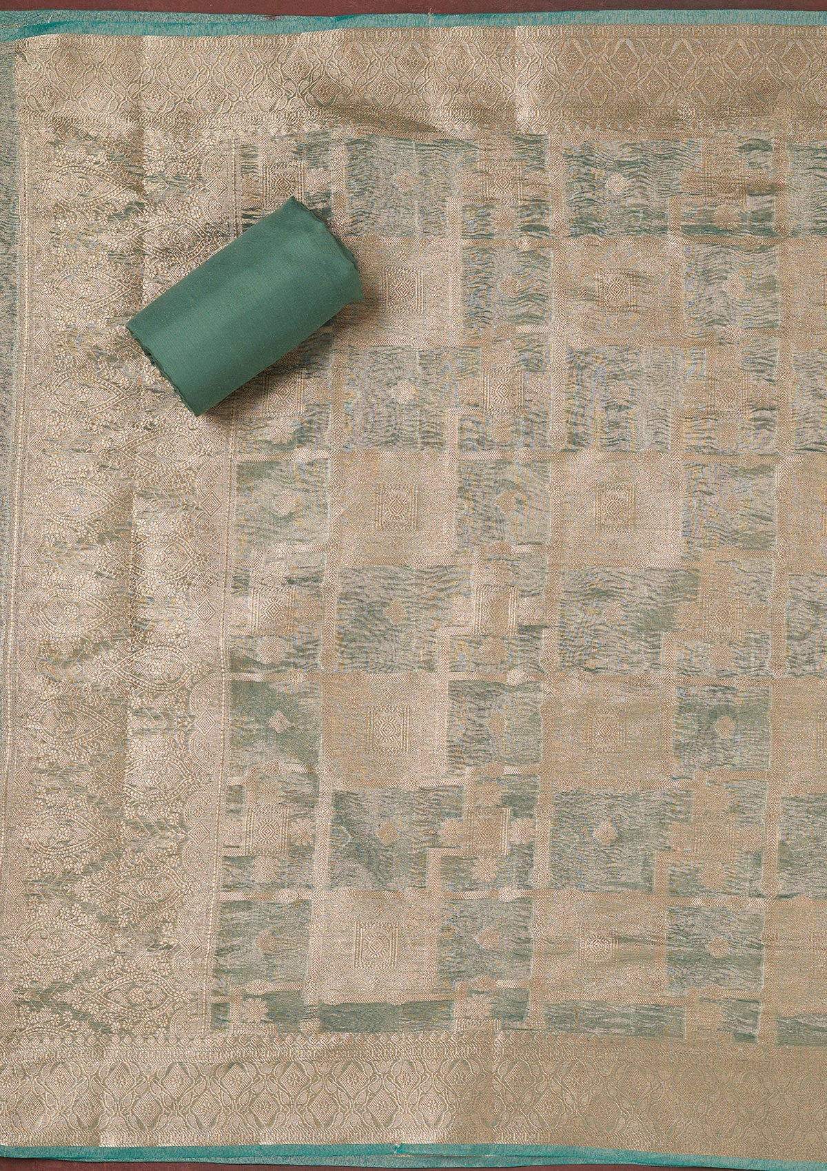 Sea Green Zardozi (Gold) Tissue Unstitched Salwar Suit-koskii