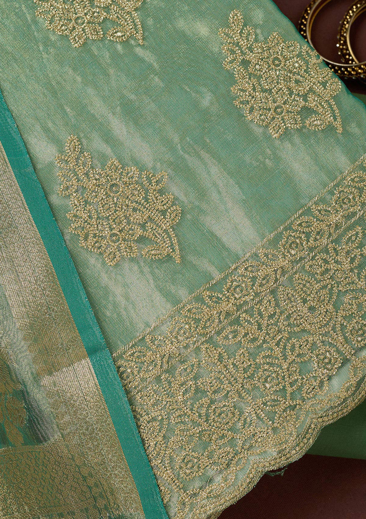 Sea Green Kashmiri Soft Raw Silk Saree-koskii