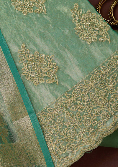 Sea Green Kashmiri Soft Raw Silk Saree-koskii