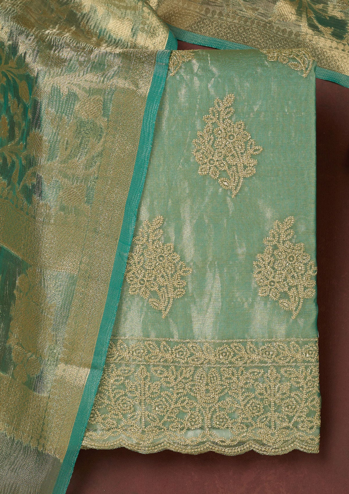 Sea Green Kashmiri Soft Raw Silk Saree-koskii