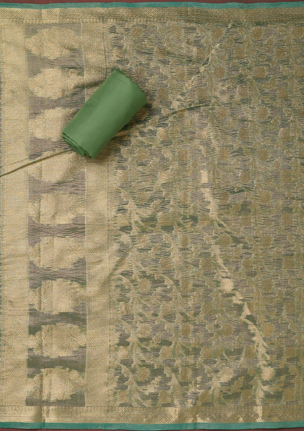 Sea Green Kashmiri Soft Raw Silk Saree-koskii