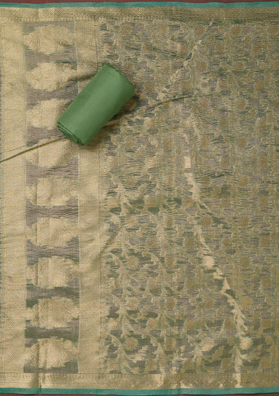 Sea Green Kashmiri Soft Raw Silk Saree-koskii