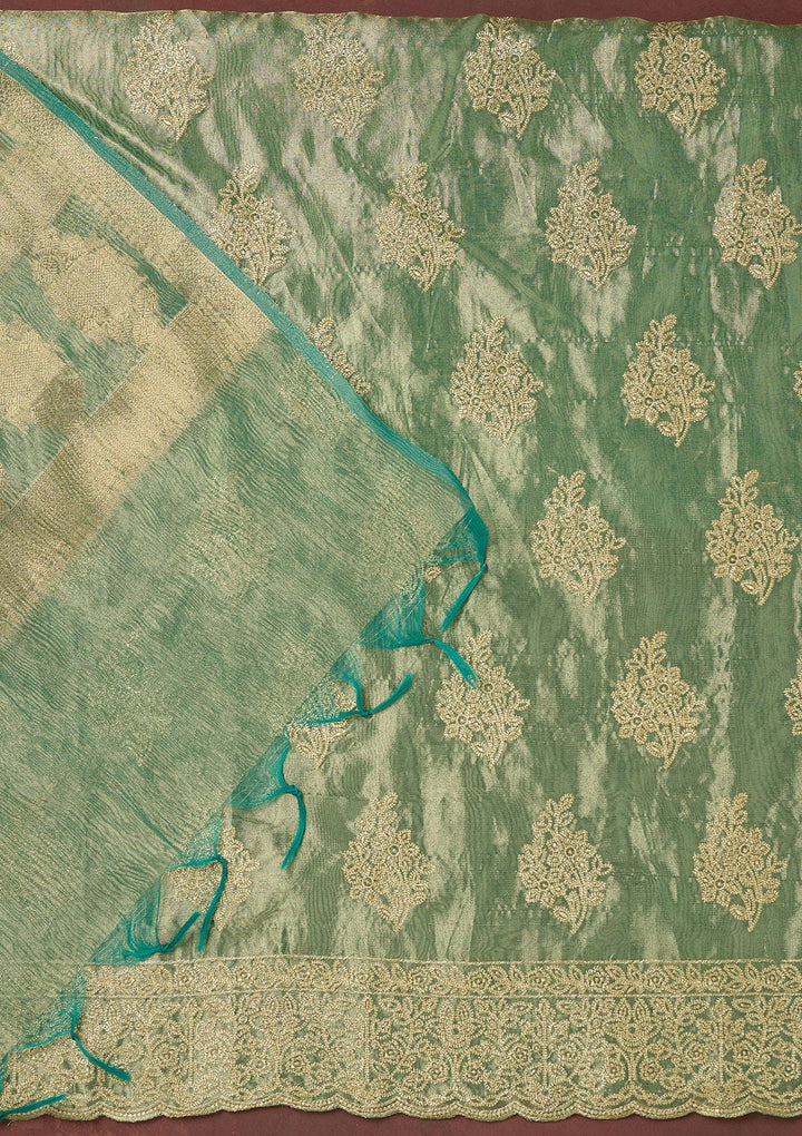 Sea Green Kashmiri Soft Raw Silk Saree-koskii