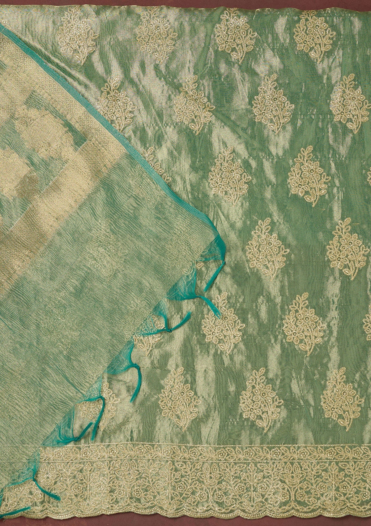 Sea Green Kashmiri Soft Raw Silk Saree-koskii