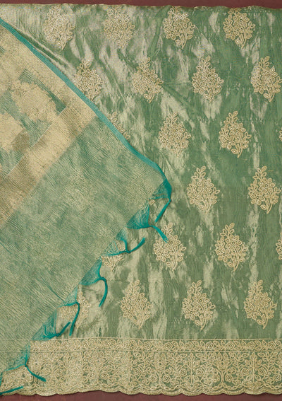 Sea Green Kashmiri Soft Raw Silk Saree-koskii