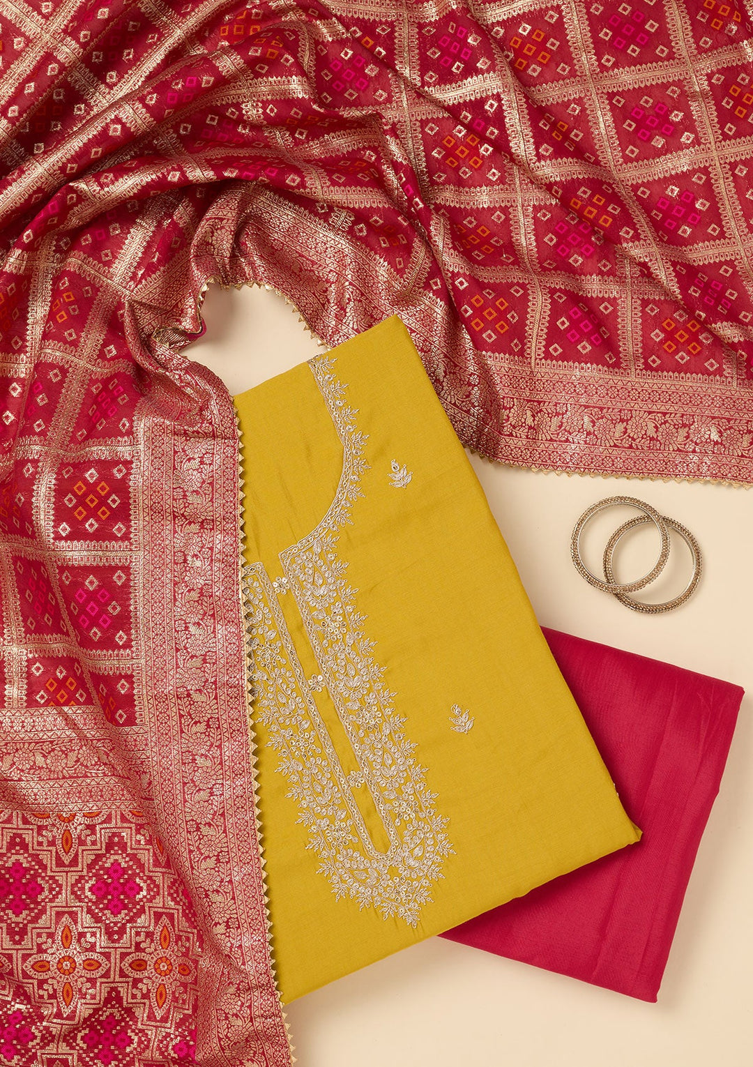 Yellow Zariwork Soft Raw Silk Unstitched Salwar Suit-koskii