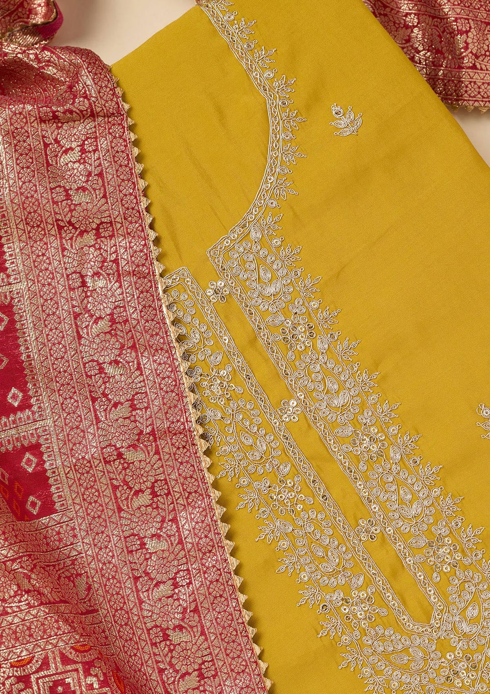 Yellow Zariwork Soft Raw Silk Unstitched Salwar Suit-koskii