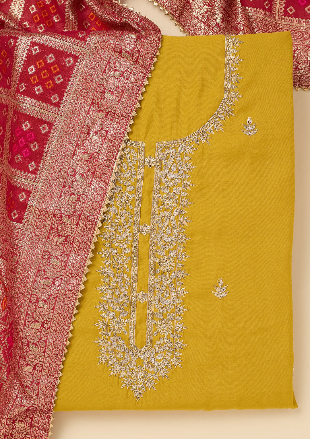 Yellow Zariwork Soft Raw Silk Unstitched Salwar Suit-koskii