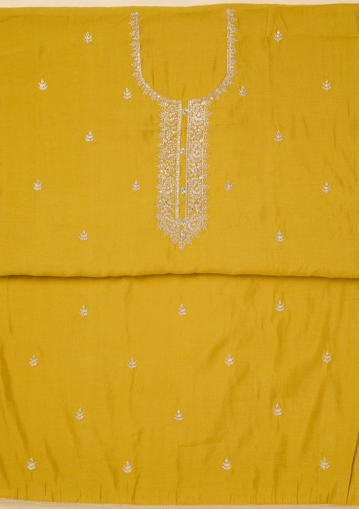 Yellow Zariwork Soft Raw Silk Unstitched Salwar Suit-koskii