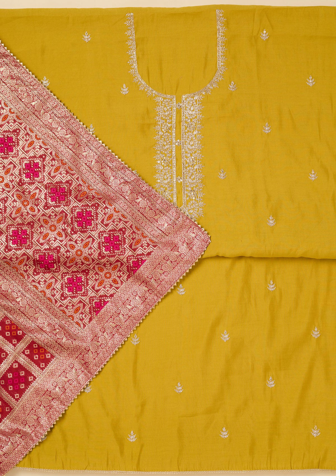 Yellow Zariwork Soft Raw Silk Unstitched Salwar Suit-koskii