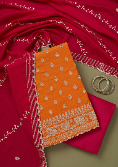 Orange Zariwork Soft Raw Silk Unstitched Salwar Suit-koskii