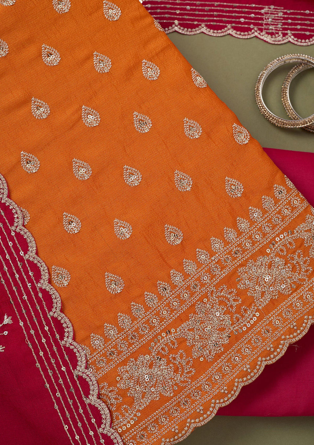 Orange Zariwork Soft Raw Silk Unstitched Salwar Suit-koskii