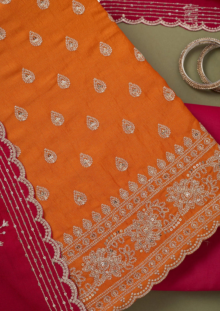 Orange Zariwork Soft Raw Silk Unstitched Salwar Suit-koskii