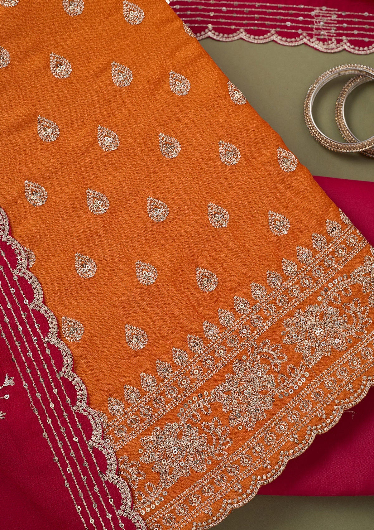 Orange Zariwork Soft Raw Silk Unstitched Salwar Suit-koskii