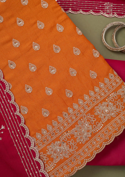 Orange Zariwork Soft Raw Silk Unstitched Salwar Suit-koskii