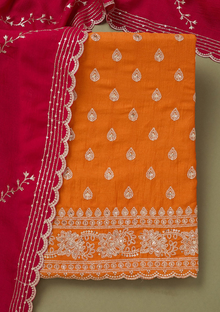 Orange Zariwork Soft Raw Silk Unstitched Salwar Suit-koskii