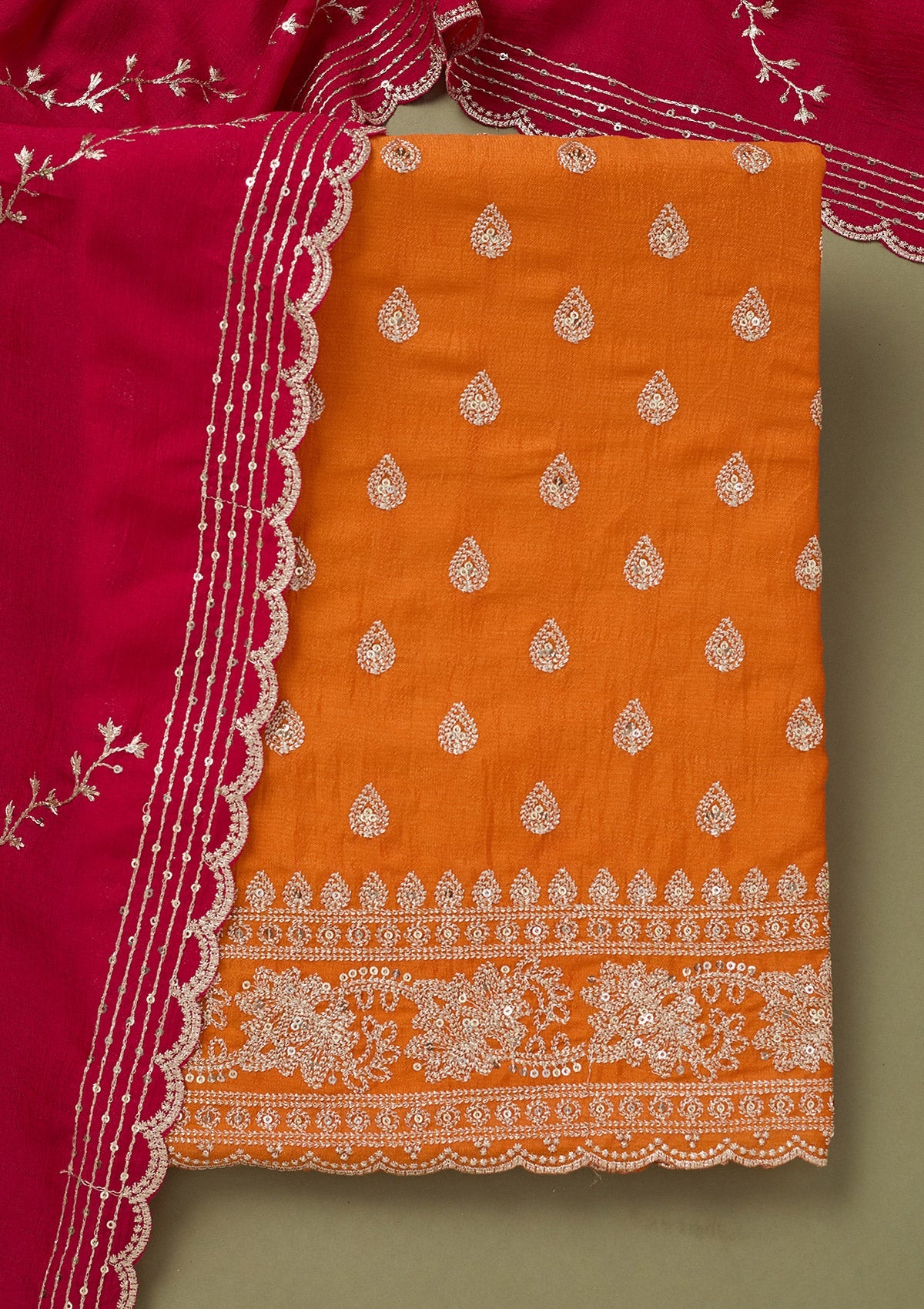 Orange Zariwork Soft Raw Silk Unstitched Salwar Suit-koskii