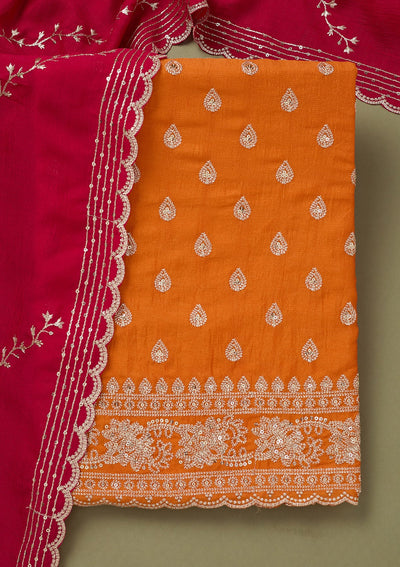 Orange Zariwork Soft Raw Silk Unstitched Salwar Suit-koskii