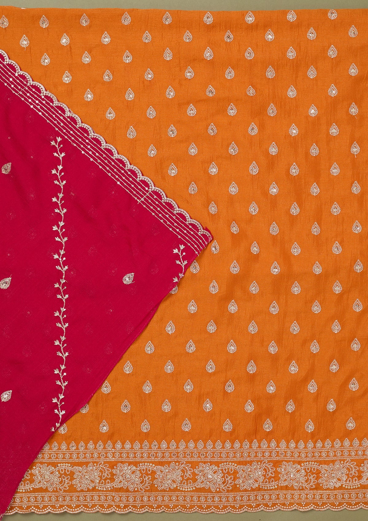 Orange Zariwork Soft Raw Silk Unstitched Salwar Suit-koskii