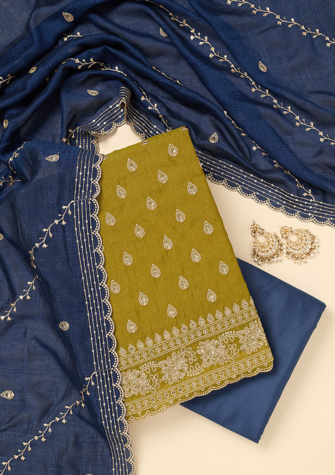Parrot Green Zariwork Soft Raw Silk Unstitched Salwar Suit-koskii