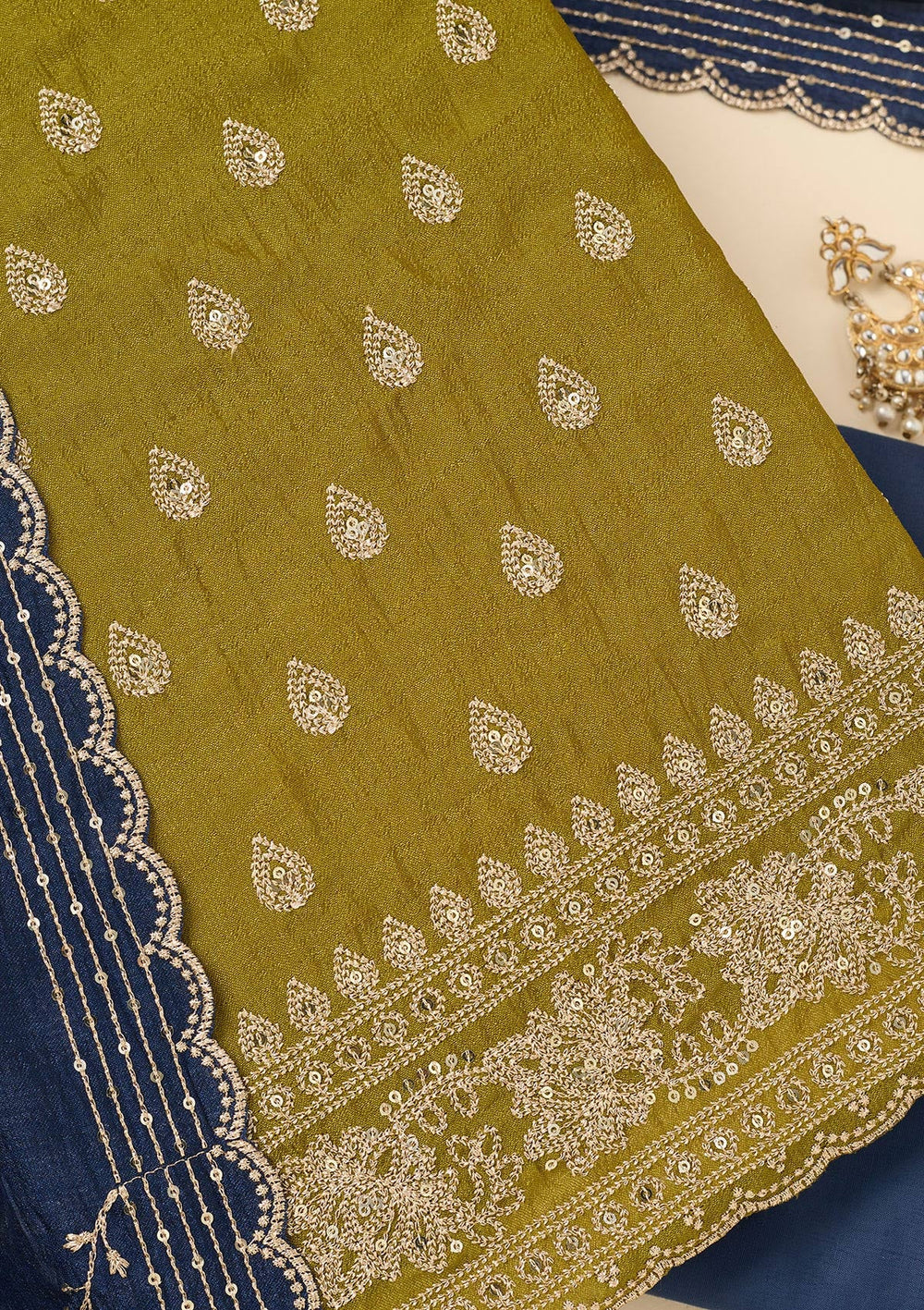 Parrot Green Zariwork Soft Raw Silk Unstitched Salwar Suit-koskii