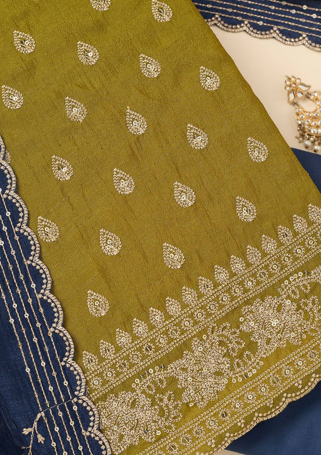 Parrot Green Zariwork Soft Raw Silk Unstitched Salwar Suit-koskii