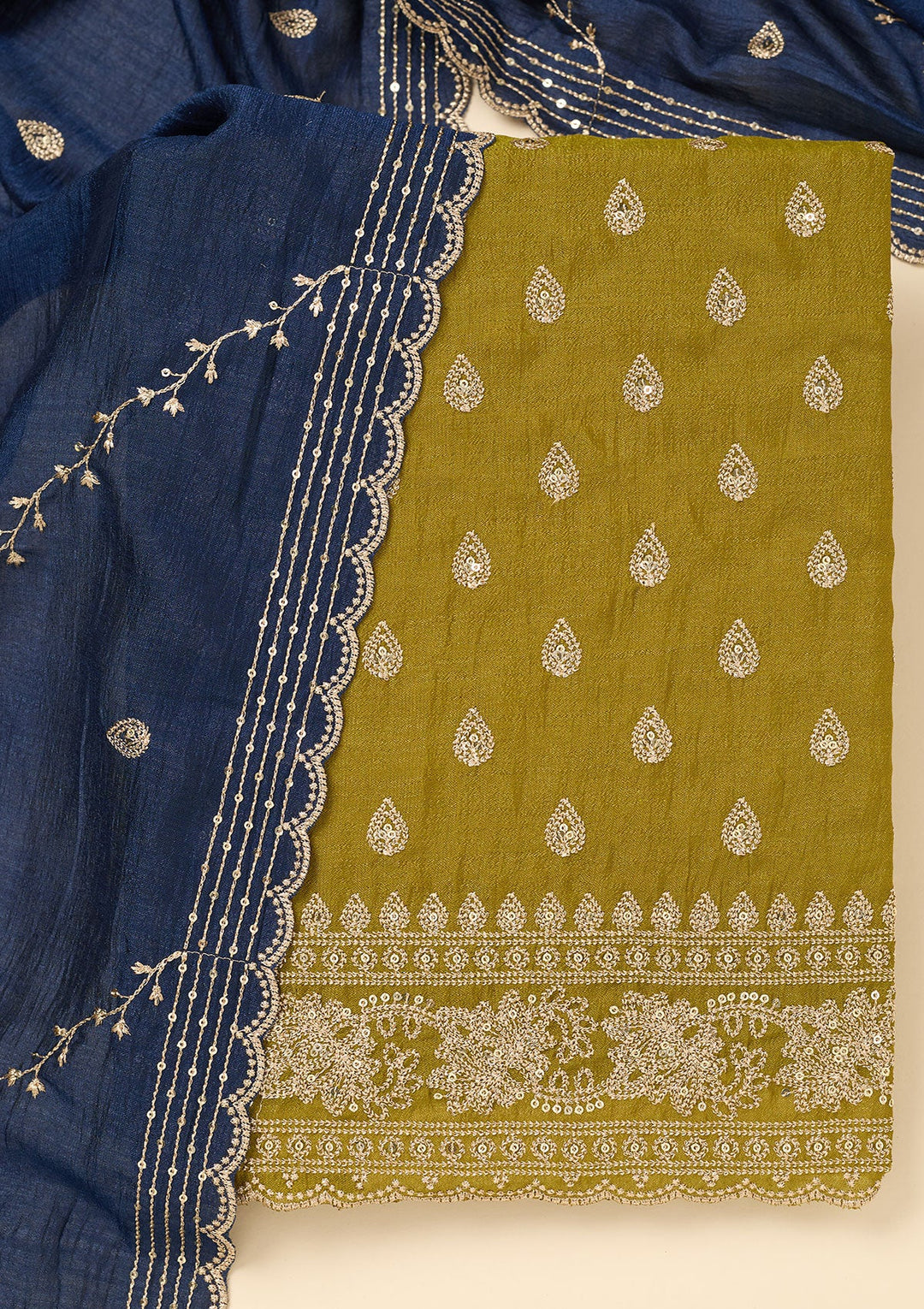 Parrot Green Zariwork Soft Raw Silk Unstitched Salwar Suit-koskii