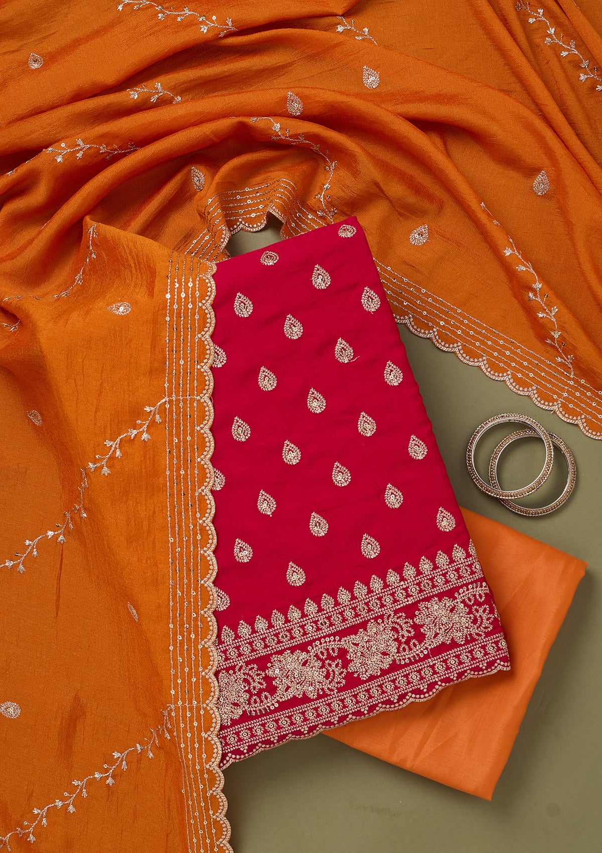 Pink Zariwork Soft Raw Silk Unstitched Salwar Suit-koskii