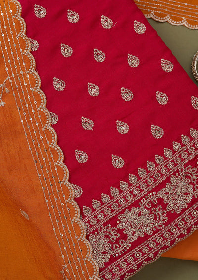 Pink Zariwork Soft Raw Silk Unstitched Salwar Suit-koskii