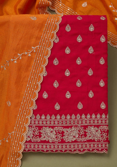 Pink Zariwork Soft Raw Silk Unstitched Salwar Suit-koskii
