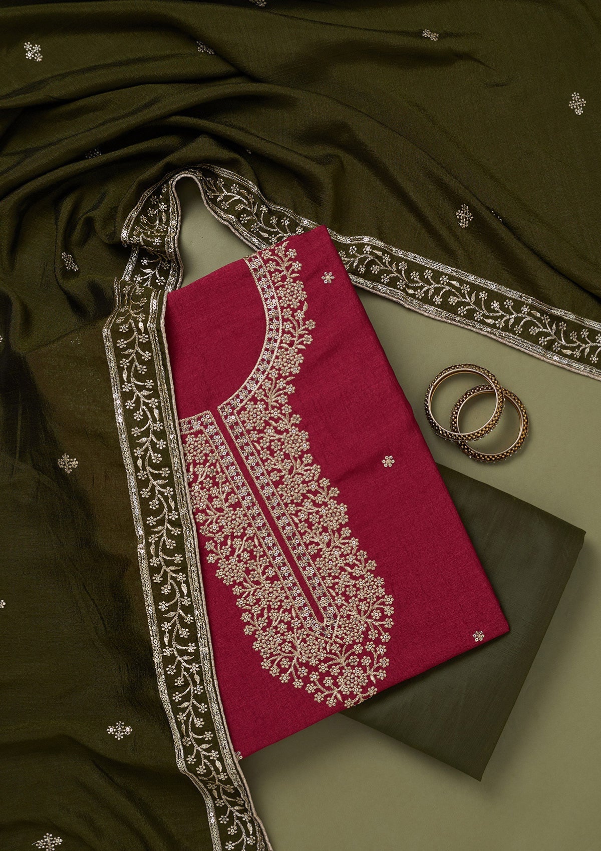 Magenta Pink Zariwork Soft Raw Silk Unstitched Salwar Suit-koskii