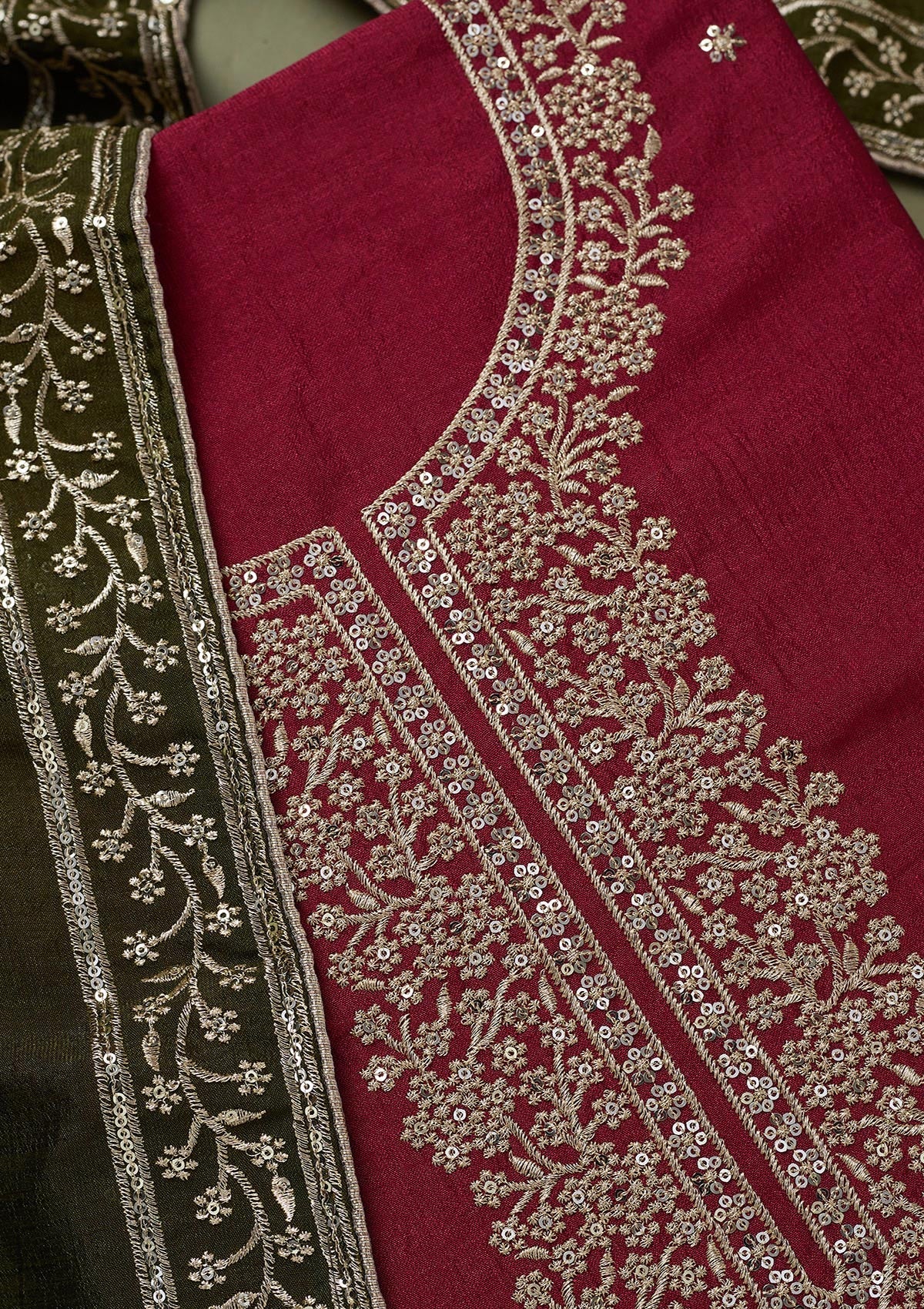 Magenta Pink Zariwork Soft Raw Silk Unstitched Salwar Suit-koskii