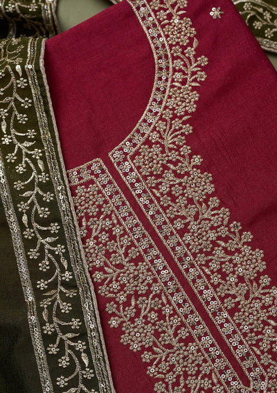 Magenta Pink Zariwork Soft Raw Silk Unstitched Salwar Suit-koskii