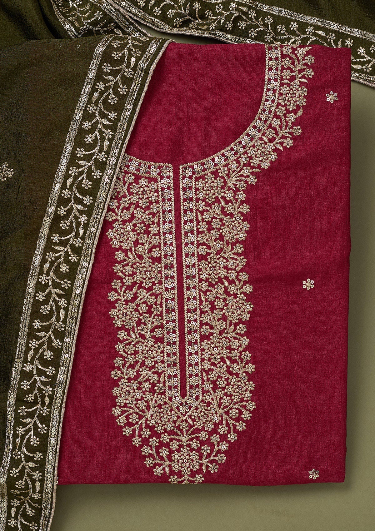 Magenta Pink Zariwork Soft Raw Silk Unstitched Salwar Suit-koskii