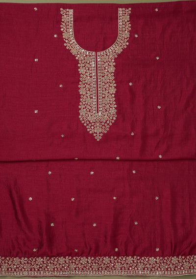 Magenta Pink Zariwork Soft Raw Silk Unstitched Salwar Suit-koskii