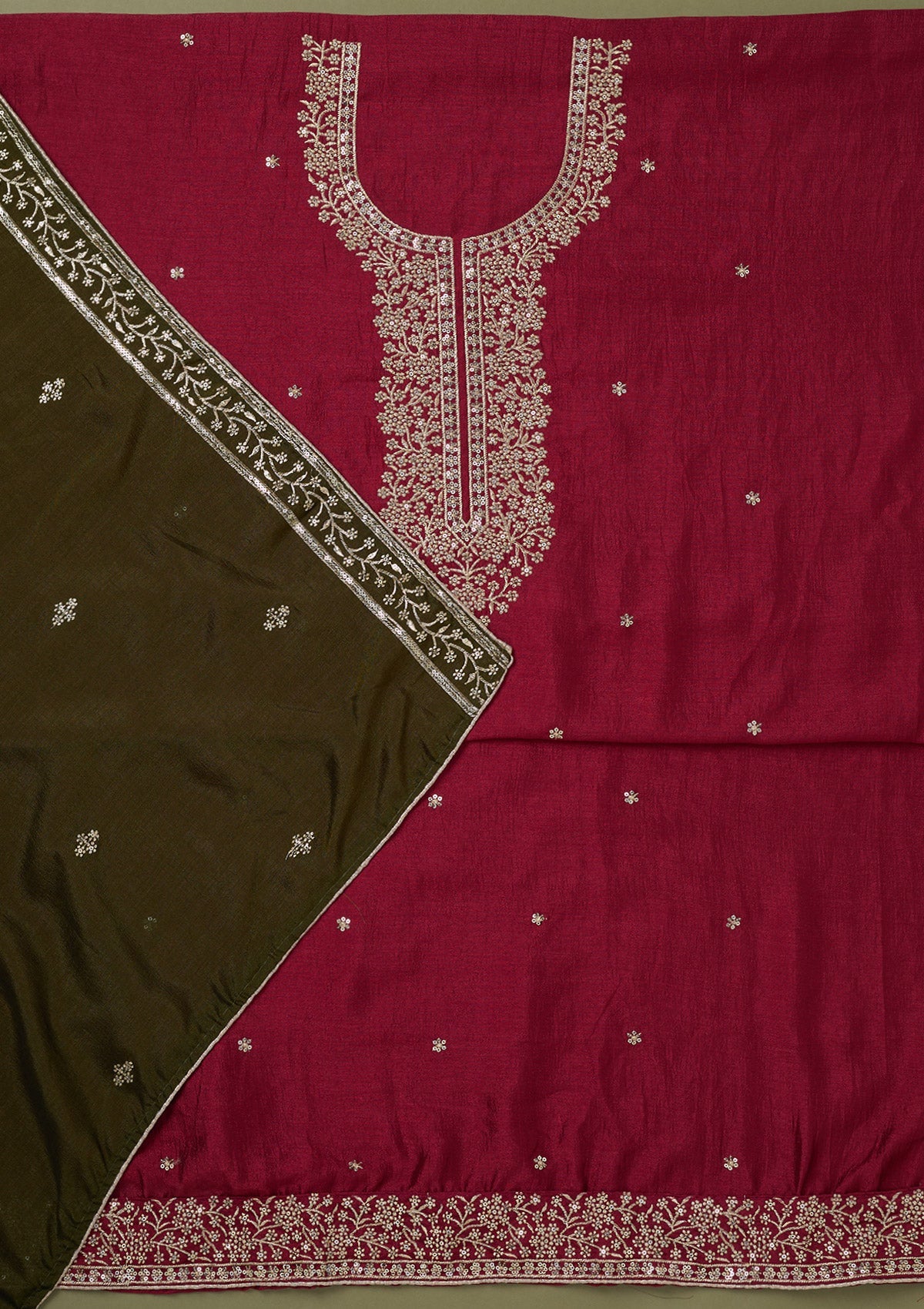Magenta Pink Zariwork Soft Raw Silk Unstitched Salwar Suit-koskii