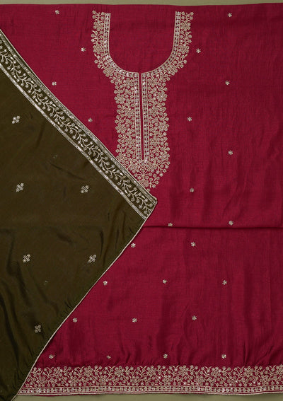 Magenta Pink Zariwork Soft Raw Silk Unstitched Salwar Suit-koskii