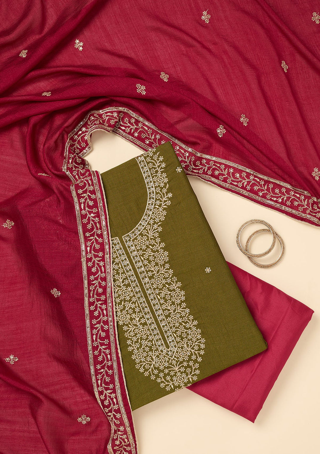 Mehendi Zariwork Soft Raw Silk Unstitched Salwar Suit-koskii