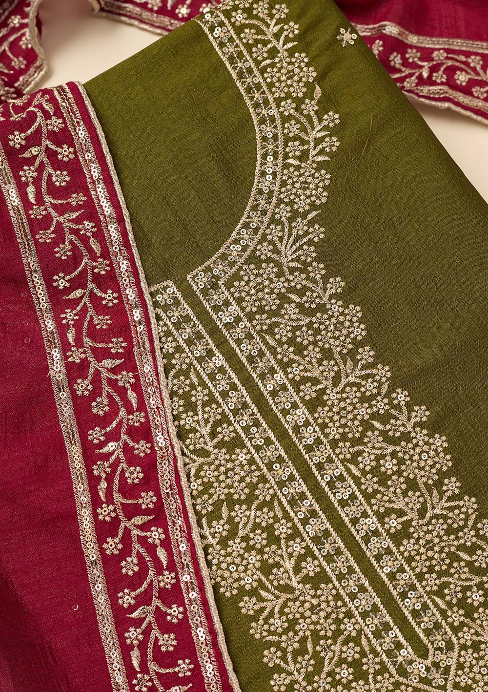 Mehendi Zariwork Soft Raw Silk Unstitched Salwar Suit-koskii
