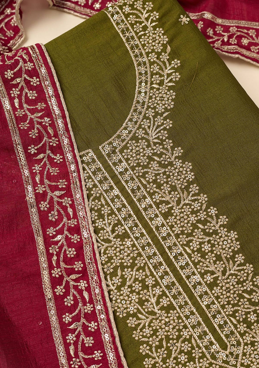 Mehendi Zariwork Soft Raw Silk Unstitched Salwar Suit-koskii