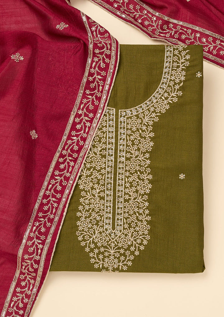 Mehendi Zariwork Soft Raw Silk Unstitched Salwar Suit-koskii