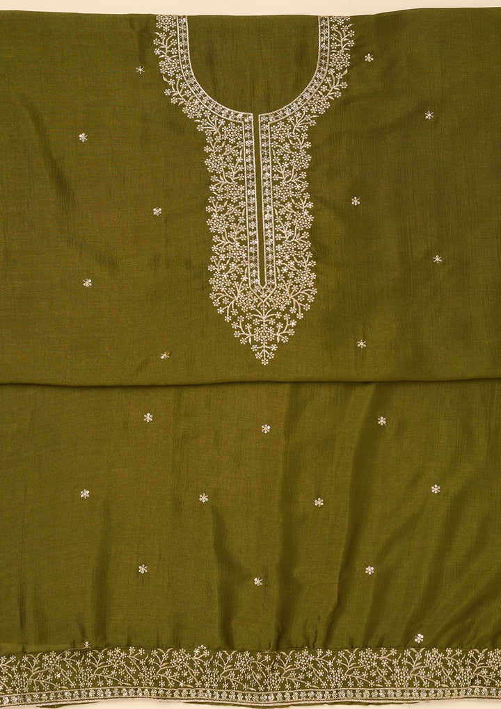 Mehendi Zariwork Soft Raw Silk Unstitched Salwar Suit-koskii