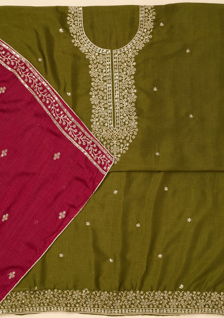 Mehendi Zariwork Soft Raw Silk Unstitched Salwar Suit-koskii