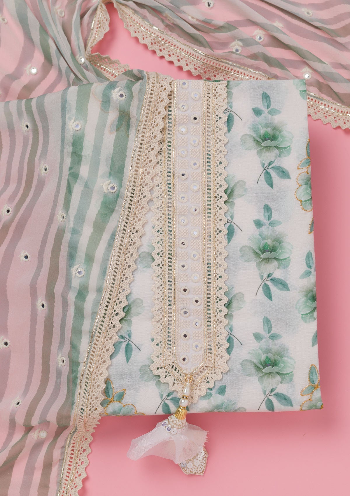 Sea Green Threadwork Cotton Unstitched Salwar Suit-koskii