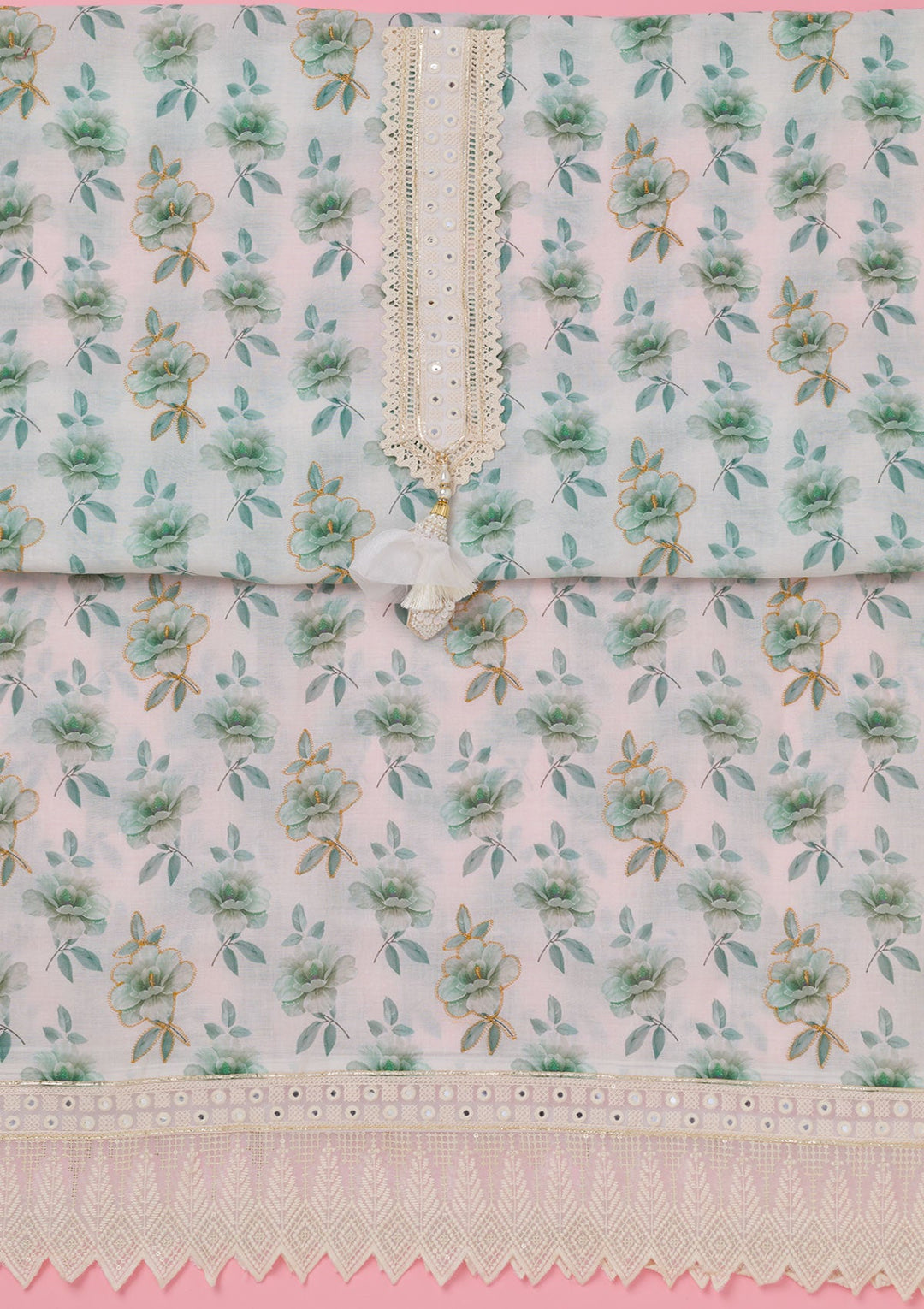 Sea Green Threadwork Cotton Unstitched Salwar Suit-koskii